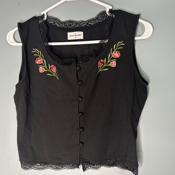 Desert Dreamer Tops - Desert Dreamer Black Embroidered Floral Lace Trim Button Front Crop Top‎ Medium